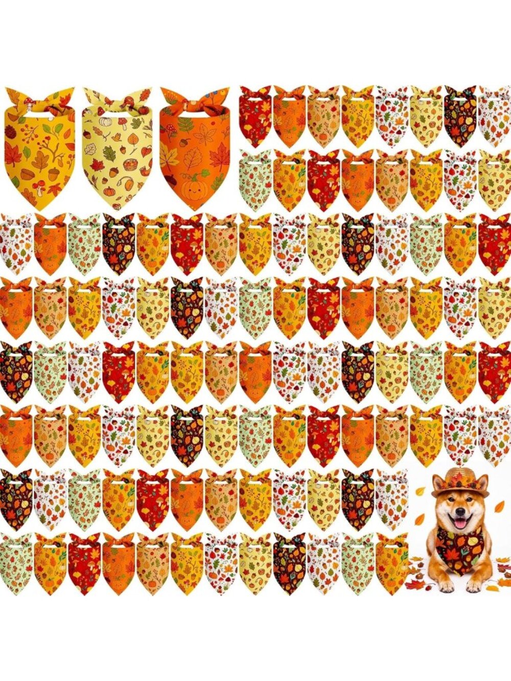 100 Pcs Fall Dog Bandanas for Thanksgiving & Autumn - Medium Size, Cute Designs